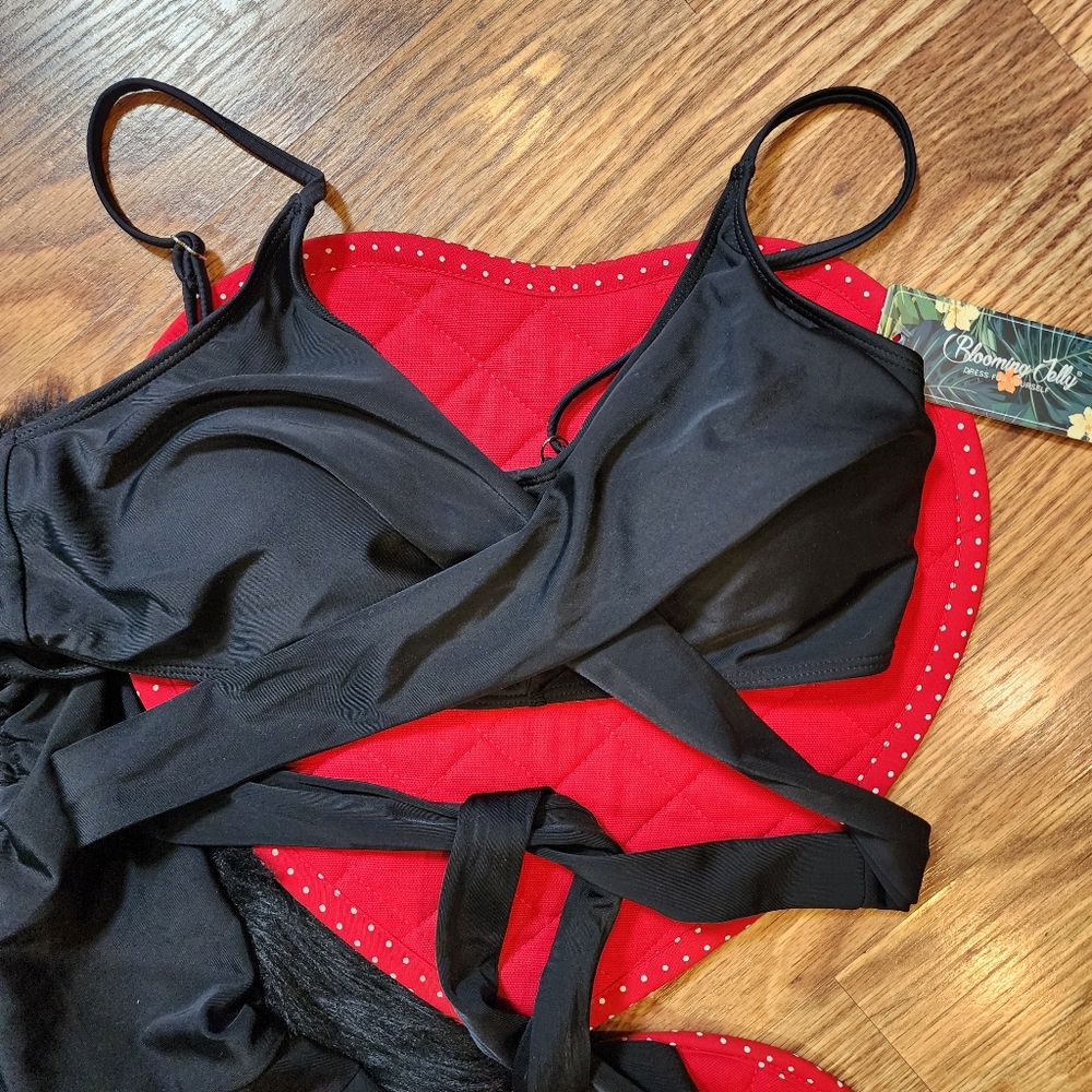 Black Bikini Set High Waisted Ruffle Swim Skirt And Crossover Push Up Tie Top M - Picture 6 of 13
